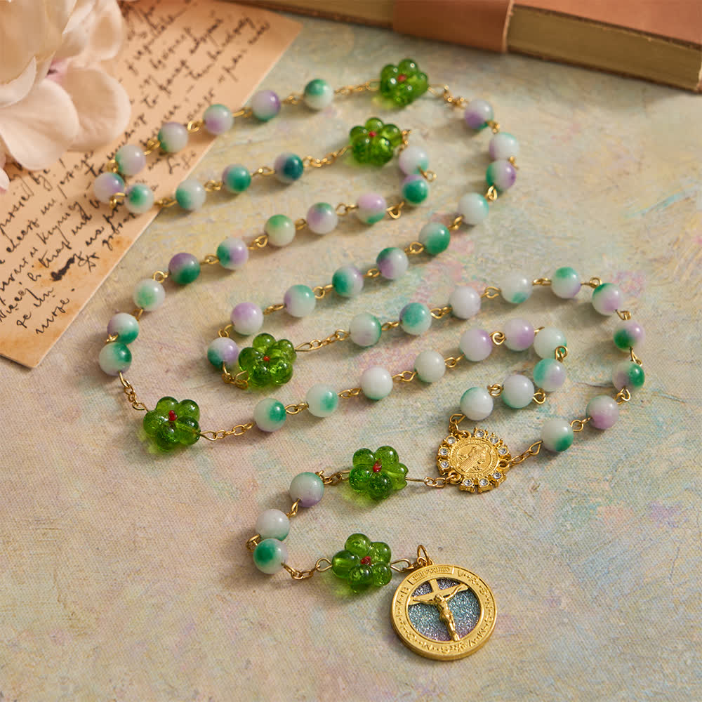 Violet Chalcedony Beads with Green Flower St. Benedict Rosary with Sparkling Crucifix