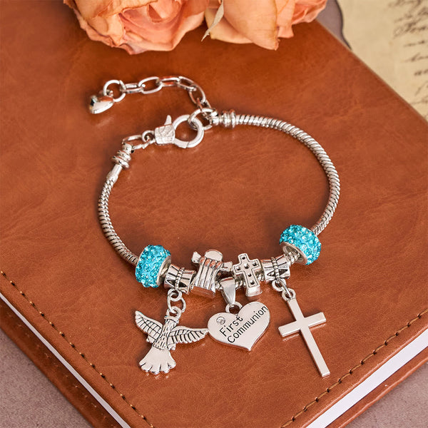 Children First Communion Charm Bracelet with Angel & Cross: A Symbol of Faith and Divine Blessing