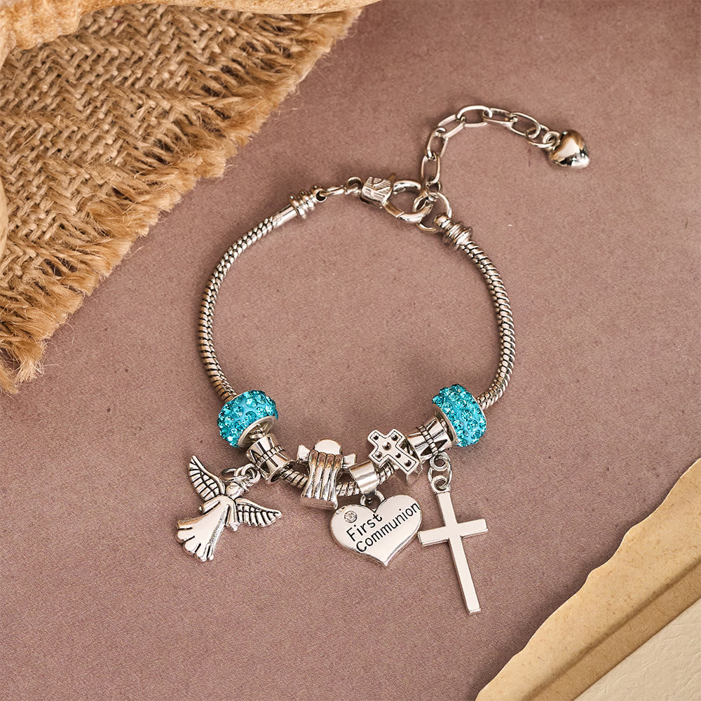 Children First Communion Charm Bracelet with Angel & Cross: A Symbol of Faith and Divine Blessing