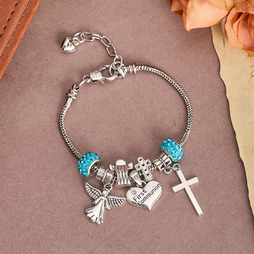 Children First Communion Charm Bracelet with Angel & Cross: A Symbol of Faith and Divine Blessing