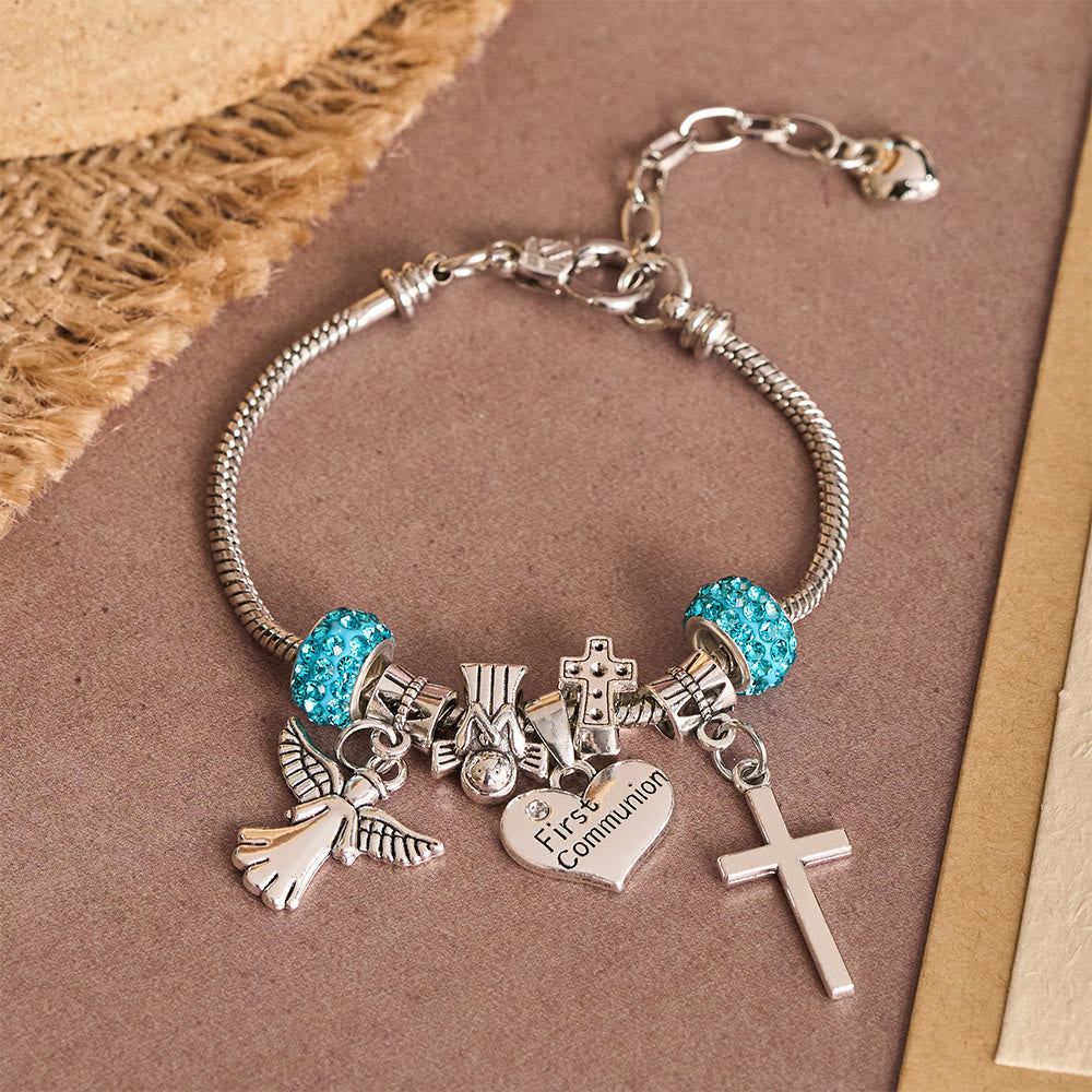 Children First Communion Charm Bracelet with Angel & Cross: A Symbol of Faith and Divine Blessing