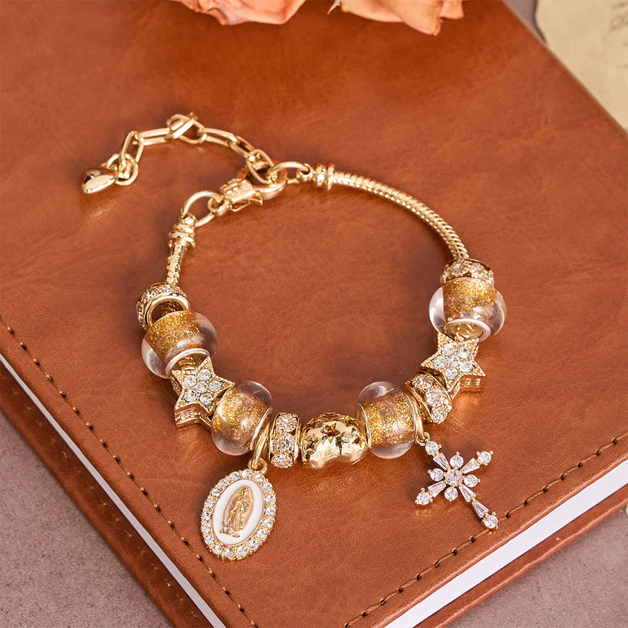 Ornate Virgin Mary & Cross Charm Bracelet: A Dazzling Symbol of Marian Grace and Redemption