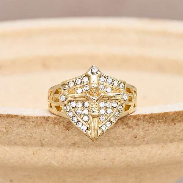 Shield-Shape Crucifix Signet Ring with Zircon Pavé: A Symbol of Faith and Divine Protection