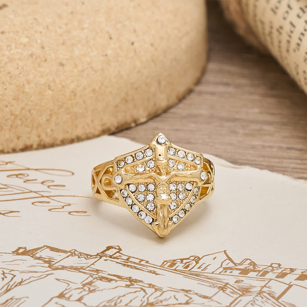 Shield-Shape Crucifix Signet Ring with Zircon Pavé: A Symbol of Faith and Divine Protection