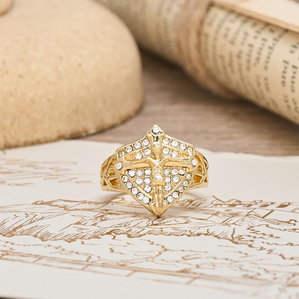 Shield-Shape Crucifix Signet Ring with Zircon Pavé: A Symbol of Faith and Divine Protection
