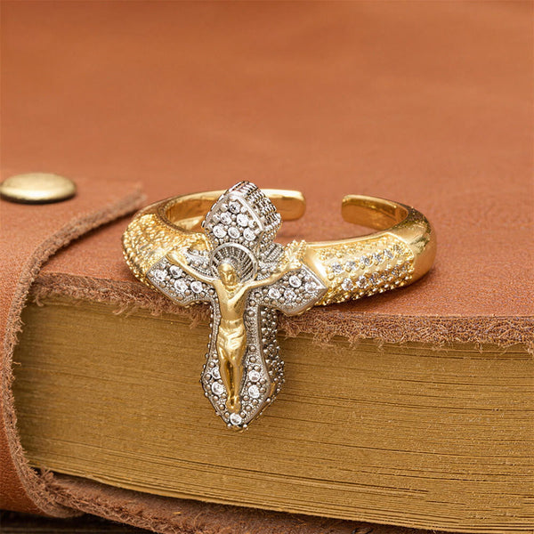 Two-Tone Zircon Pavé Crucifix Statement Ring: A Symbol of Timeless Redemptive Love