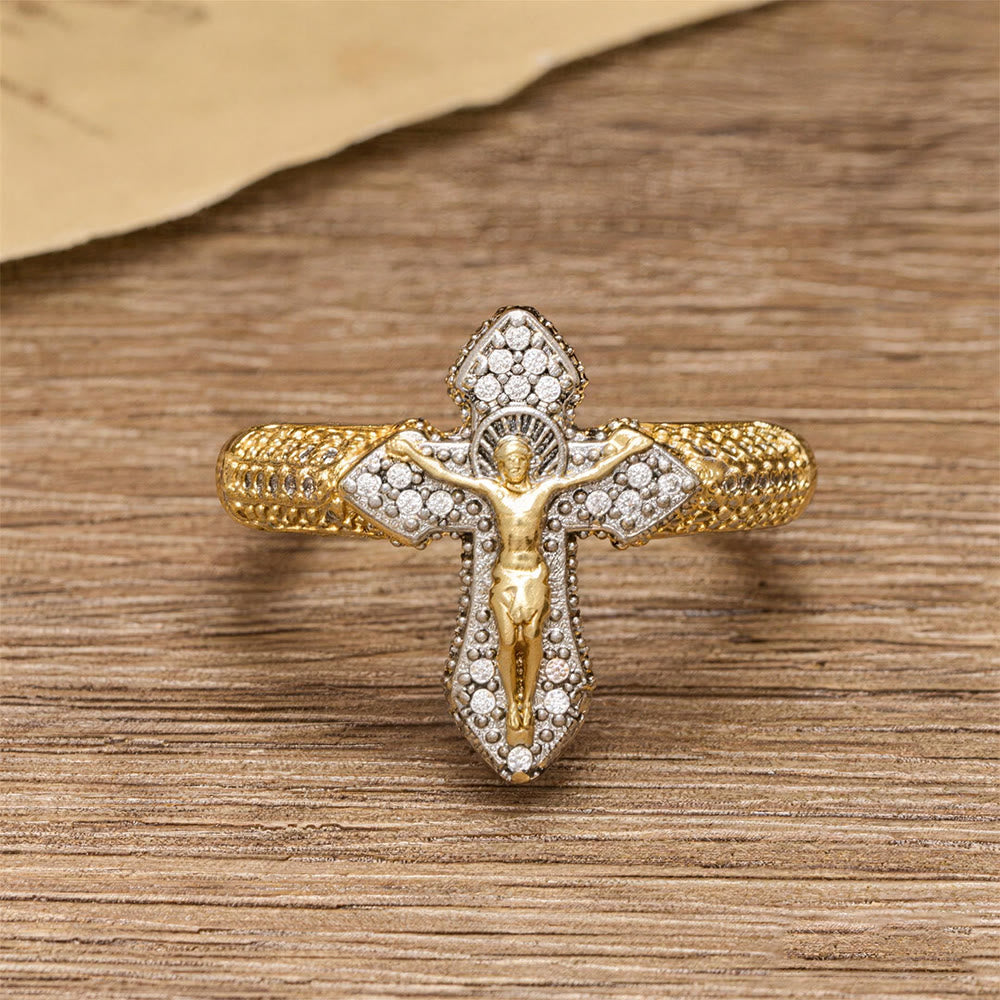 Two-Tone Zircon Pavé Crucifix Statement Ring: A Symbol of Timeless Redemptive Love