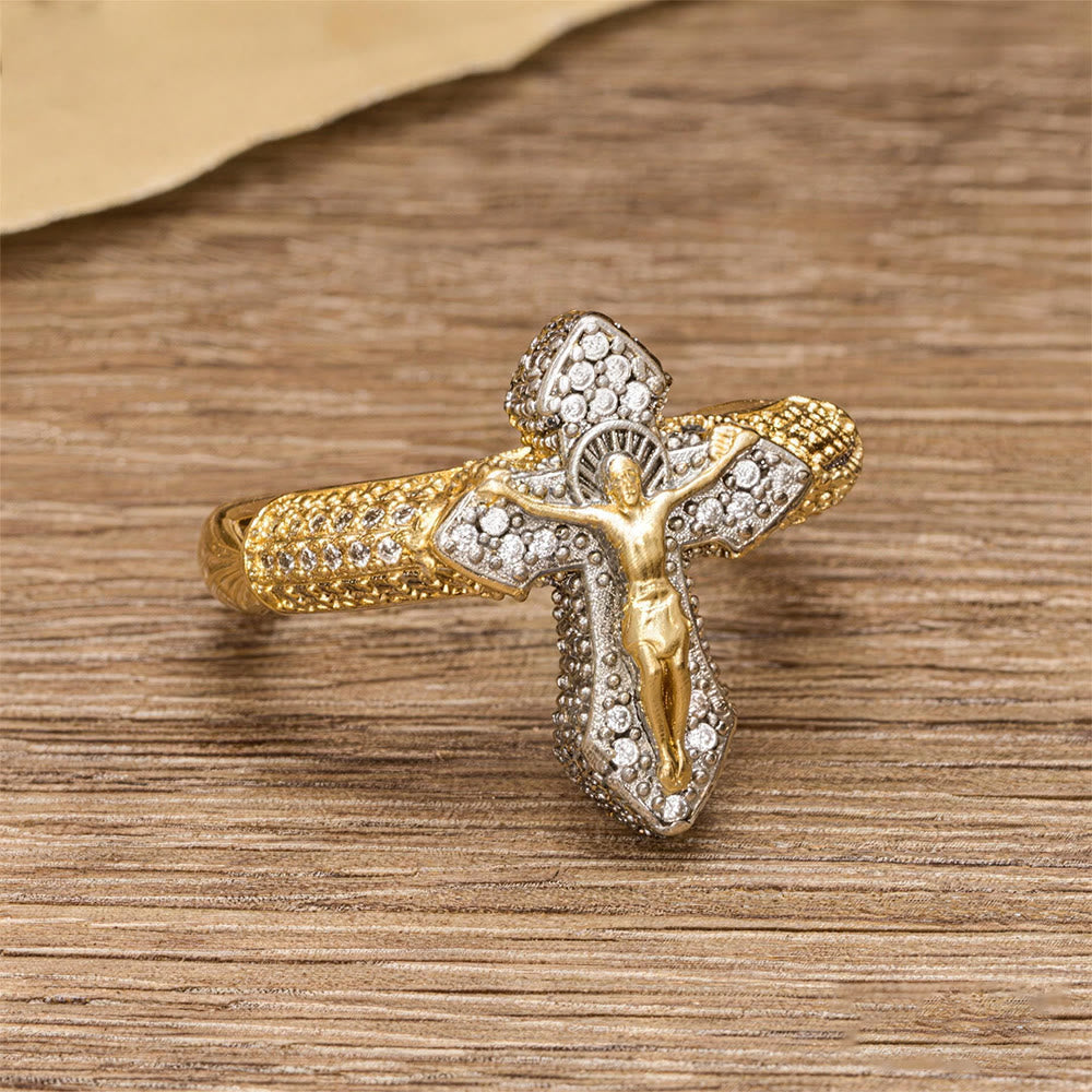 Two-Tone Zircon Pavé Crucifix Statement Ring: A Symbol of Timeless Redemptive Love