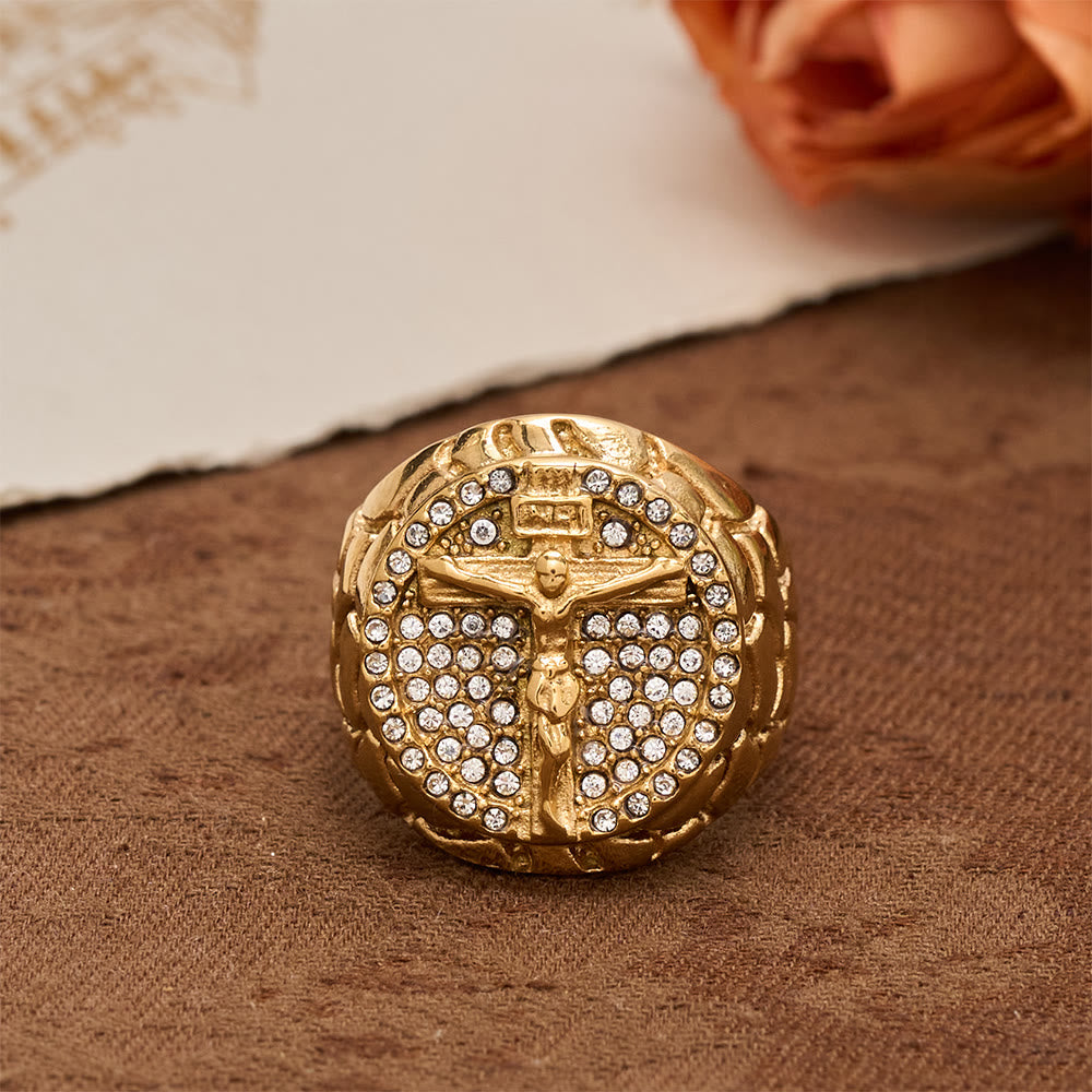 Bold INRI Crucifix Zircon Statement Ring: A Symbol of Unwavering Redemptive Faith