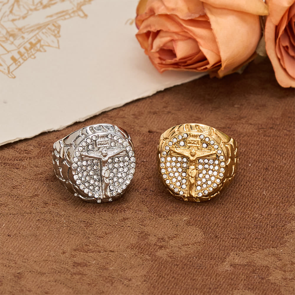 Bold INRI Crucifix Zircon Statement Ring: A Symbol of Unwavering Redemptive Faith