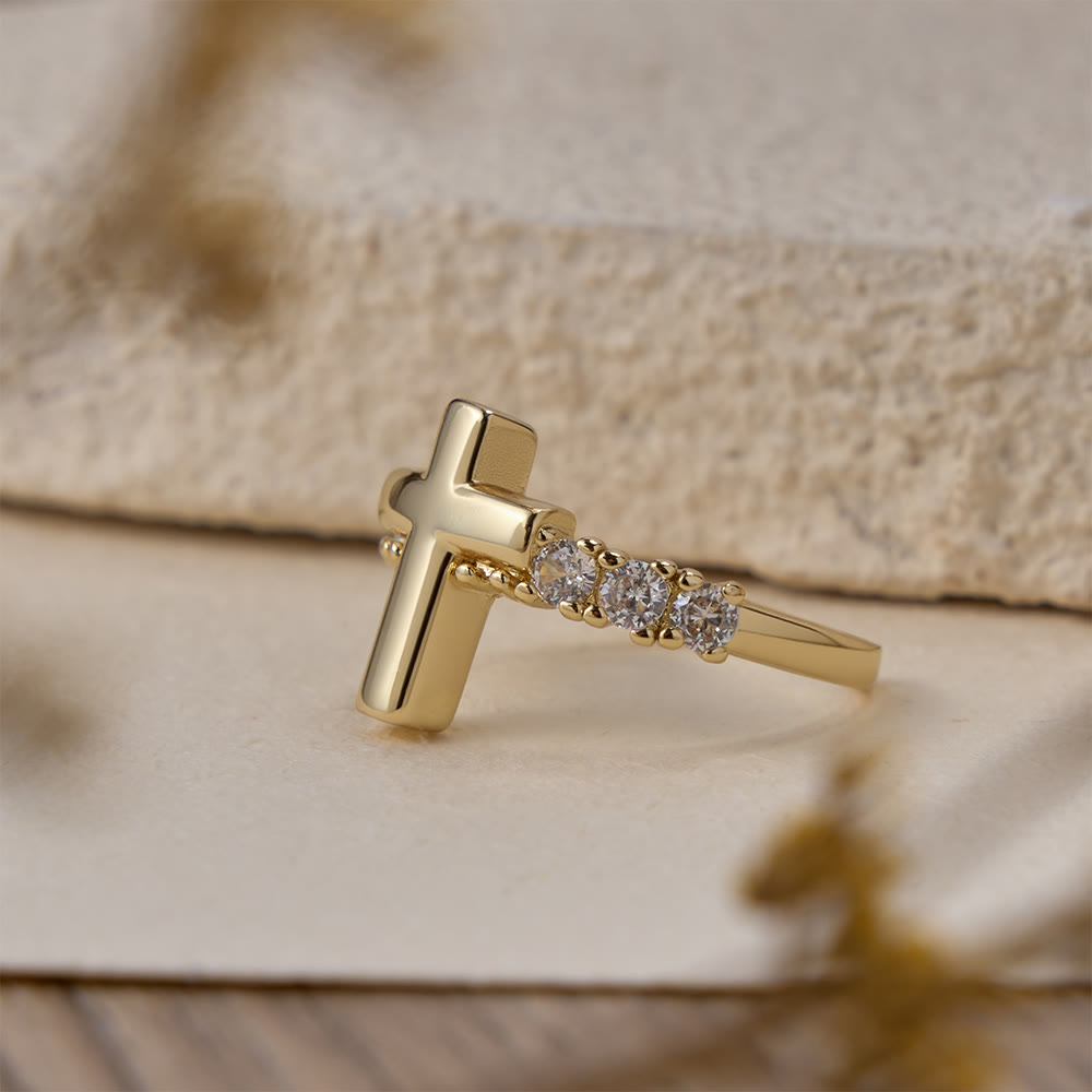 Our Lady & Cross Zircon Adjustable Ring: Symbols of Marian Grace and Redemptive Love