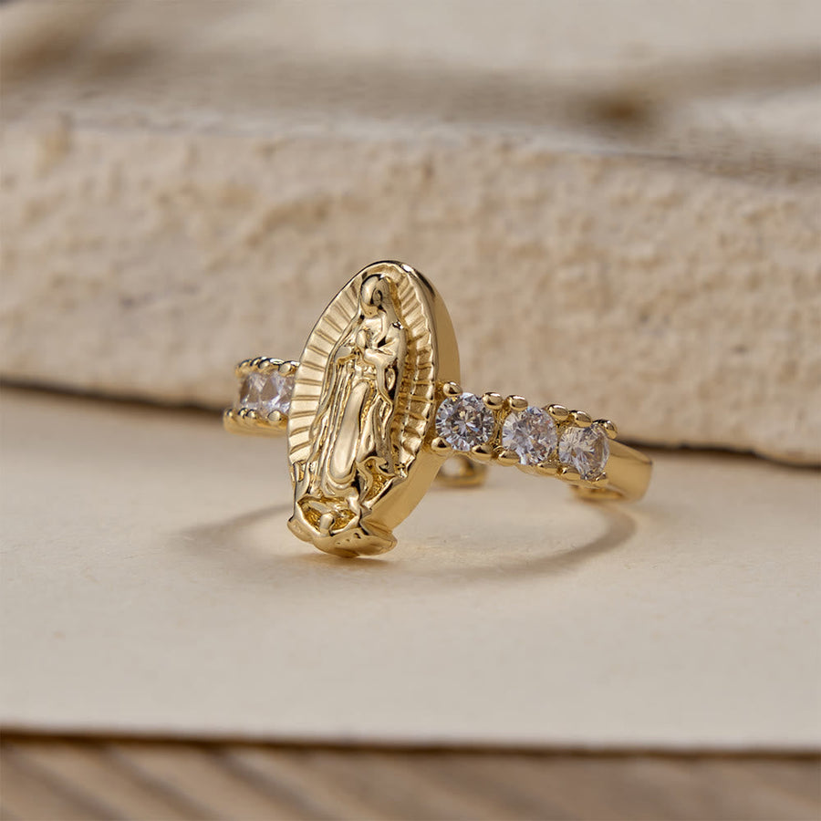 Our Lady & Cross Zircon Adjustable Ring: Symbols of Marian Grace and Redemptive Love