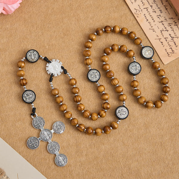 Natural Olivewood Rosary with St. Benedict Spacers and Oversized Filigree Cross