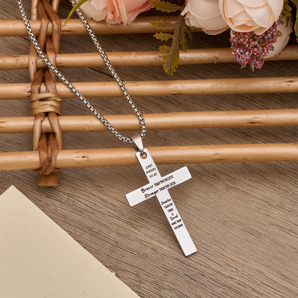Dual-Sided Cross Pendant Necklace with Lion & Inspirational Engraving: A Symbol of Courage and Faith