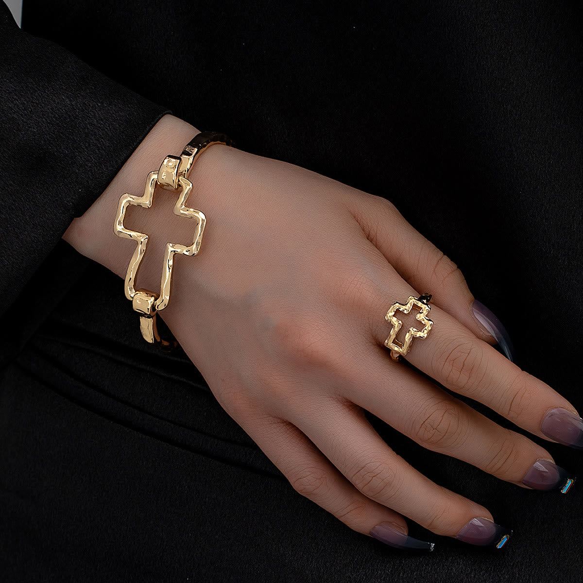 Hammered Cross Bangle & Ring Set: A Symbol of Faith and Refined Simplicity
