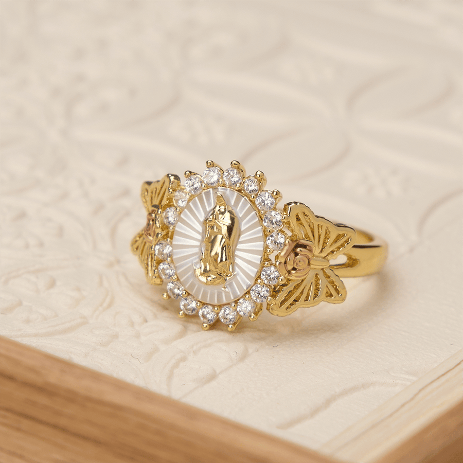 Floral Rose Radiant Our Lady Zircon Ring: Carry the Light of Maternal Love