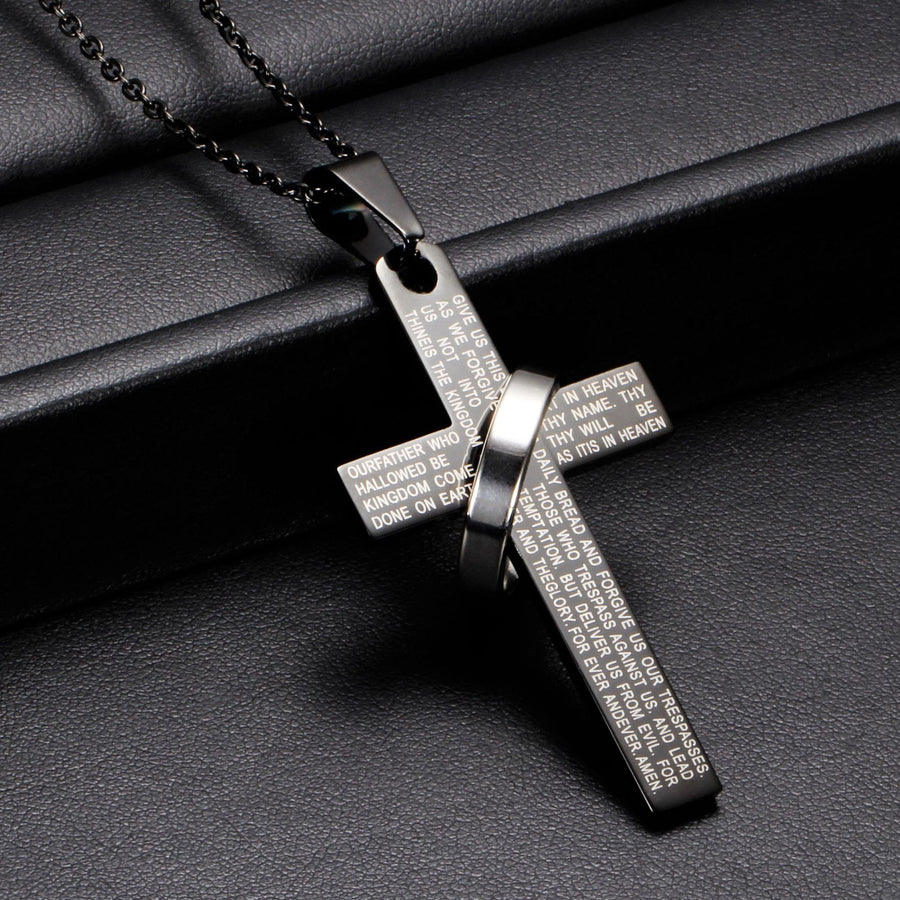 Lord’s Prayer Engraved Cross Pendant Necklace with Spinning Ring