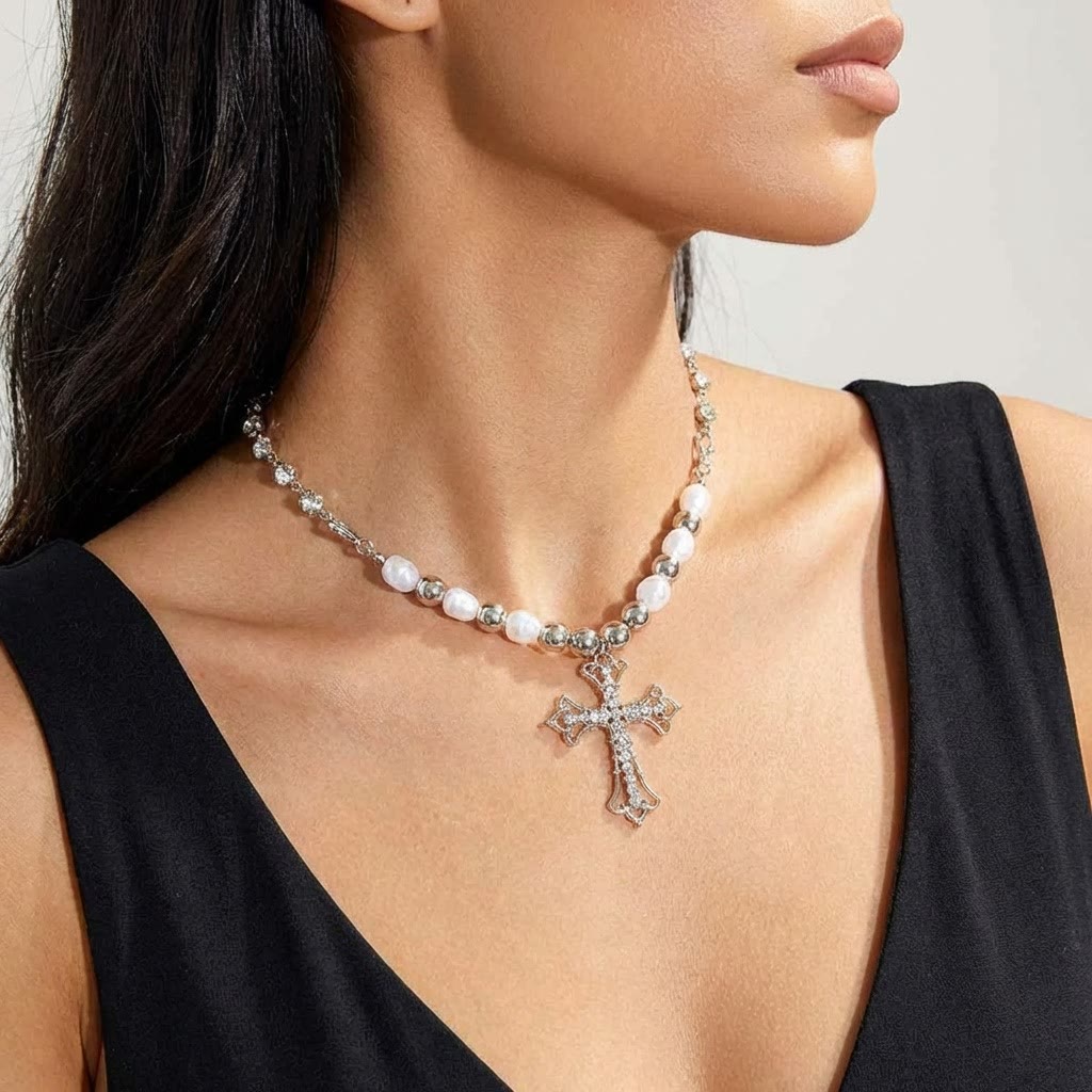 Baroque Pearl & Zircon Gothic Cross Necklace: A Symbol of Faith and Romantic Devotion