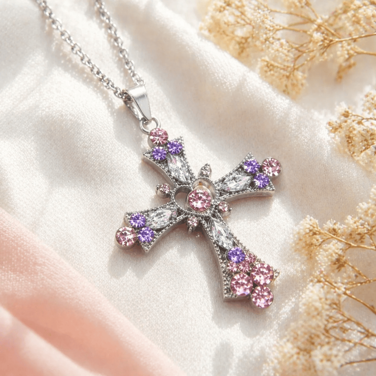 Pink & Purple Tone Zircon Cross Necklace with Heart Accent: A Dazzling Symbol of Love and Devotion