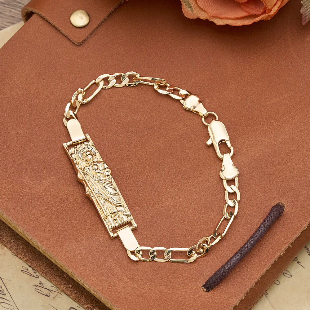 Rectangular Devotional Medallion Figaro Chain Bracelet Featuring St. Jude