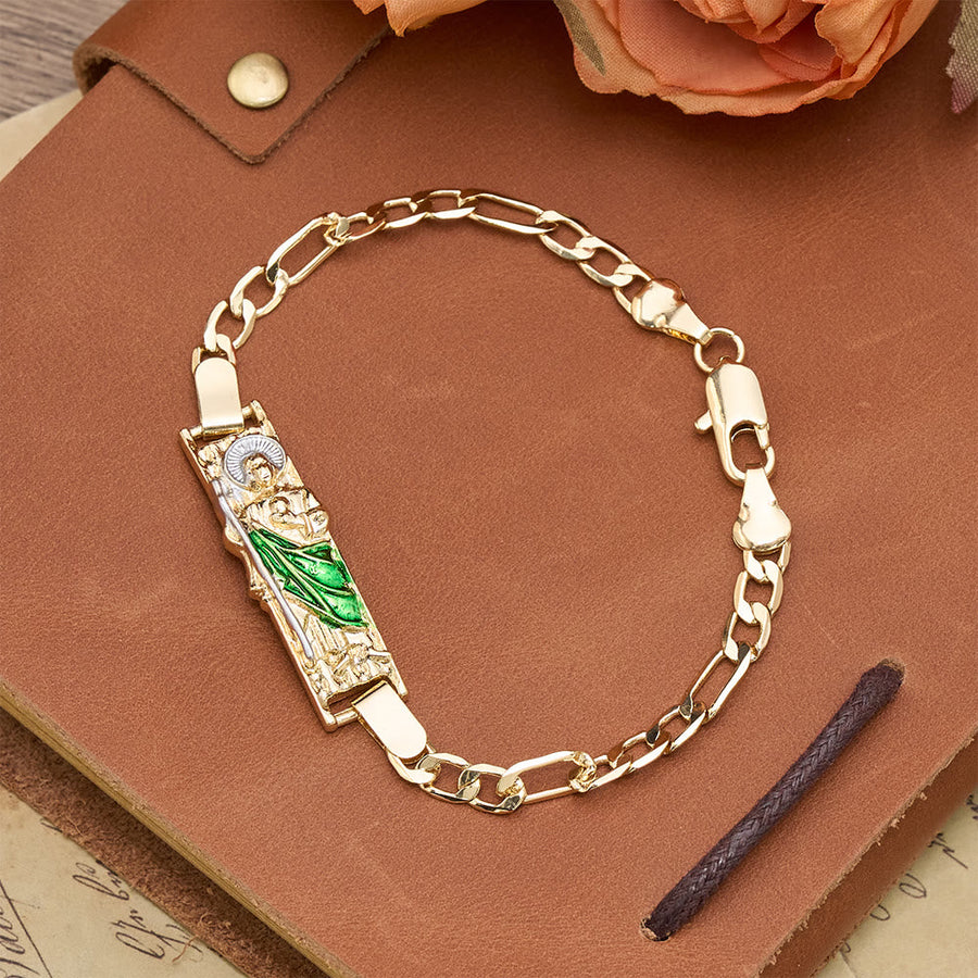 Rectangular Devotional Medallion Figaro Chain Bracelet Featuring St. Jude