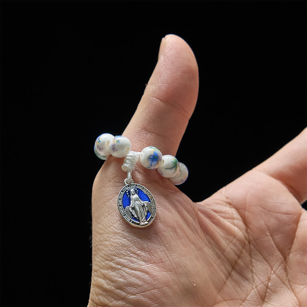 Blue Floral Ceramic Finger Rosary with Our Lady Devotion