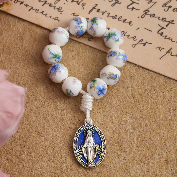 Blue Floral Ceramic Finger Rosary with Our Lady Devotion