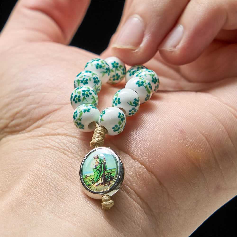 Green Floral Ceramic Finger Rosary with St. Jude Medal