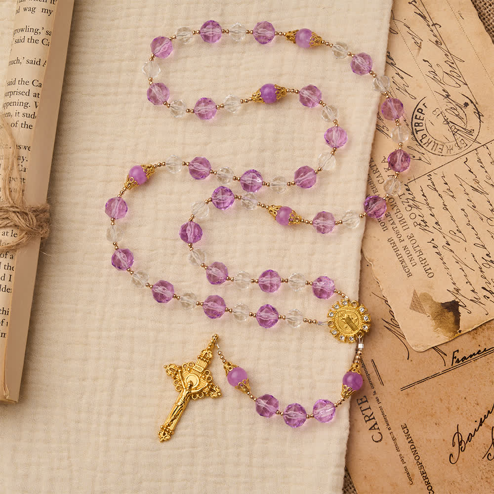 Two-Tone Faceted Beads Purple Rosary with St. Benedict & Crucifix