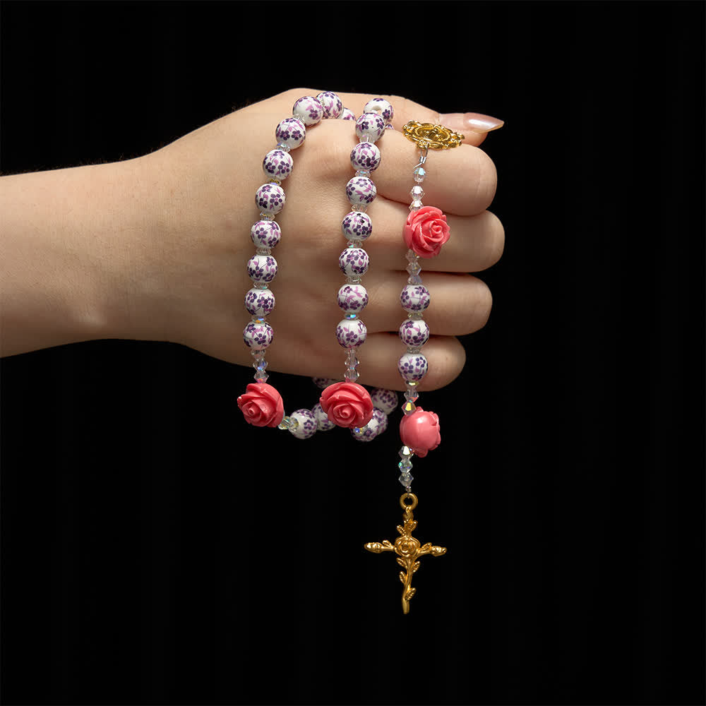 Spring Grace Purple Floral Rosary with Pink Rose and Cross