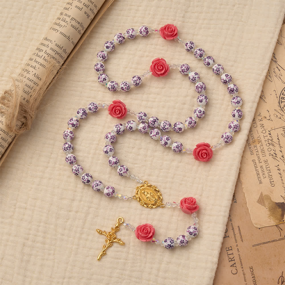 Spring Grace Purple Floral Rosary with Pink Rose and Cross