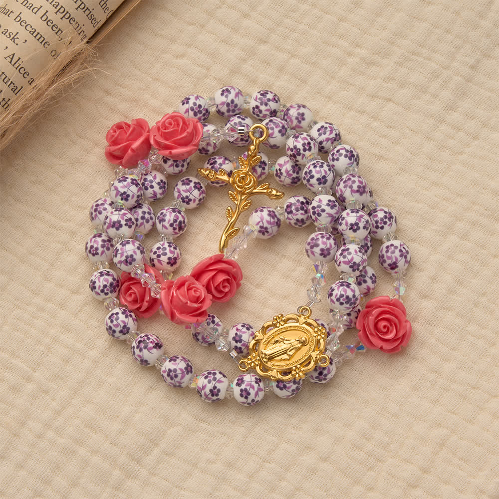 Spring Grace Purple Floral Rosary with Pink Rose and Cross