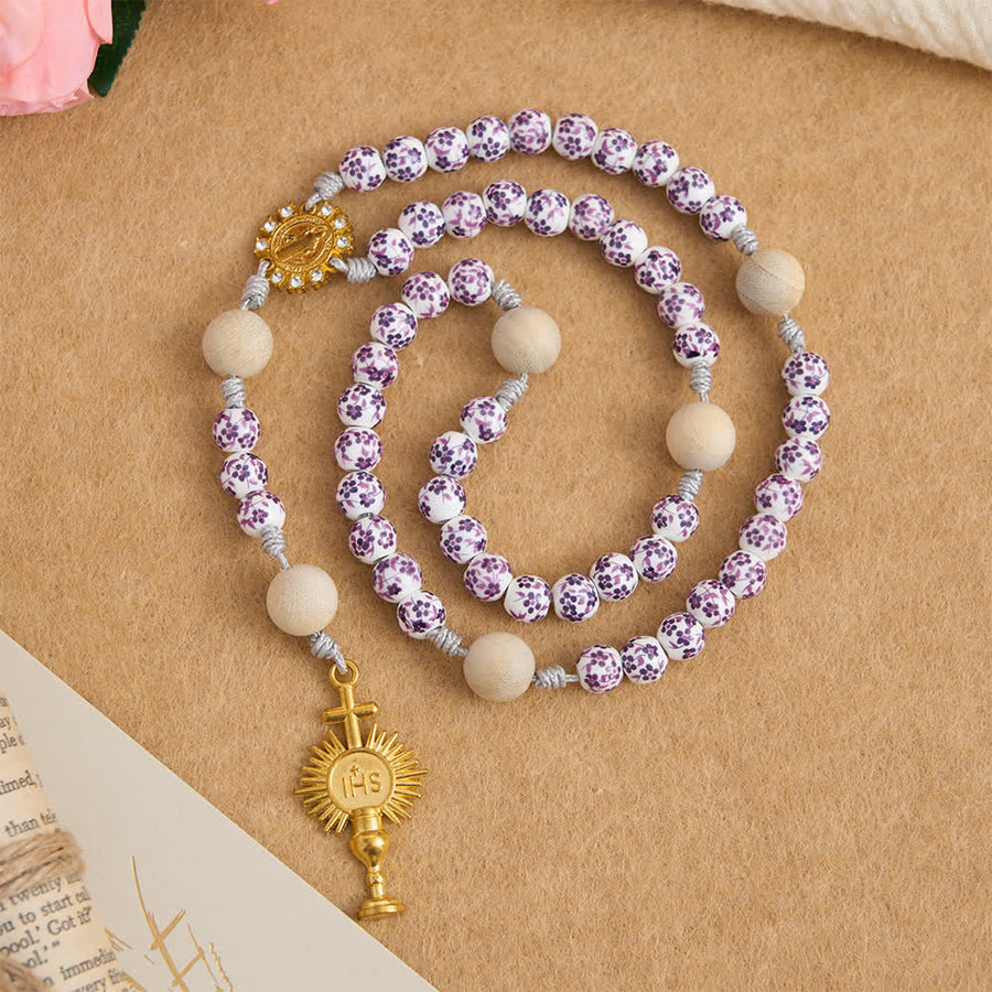 Purple Floral Ceramic & Camphor Wood Rosary with St. Benedict & IHS Chalice