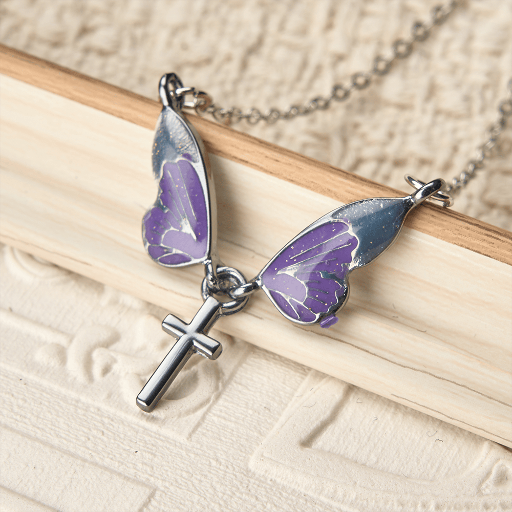 Whimsical Butterfly Wing Cross Pendant Necklace: A Dazzling Symbol of Divine Light and Hope