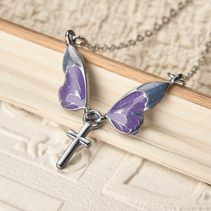 Whimsical Butterfly Wing Cross Pendant Necklace: A Dazzling Symbol of Divine Light and Hope