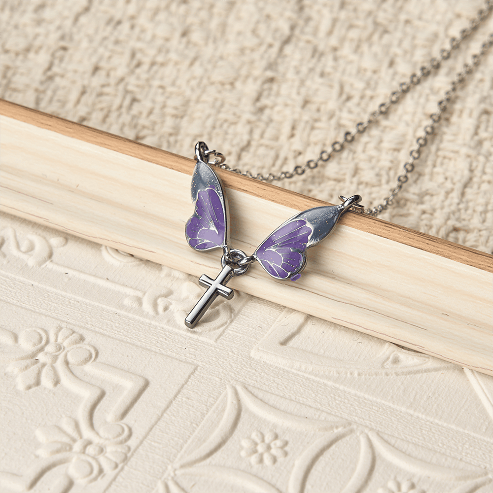 Whimsical Butterfly Wing Cross Pendant Necklace: A Dazzling Symbol of Divine Light and Hope