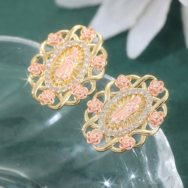 Ornate Marian Stud Earrings with Pink Roses & Zirconia Halo: A Symbol of Devotion