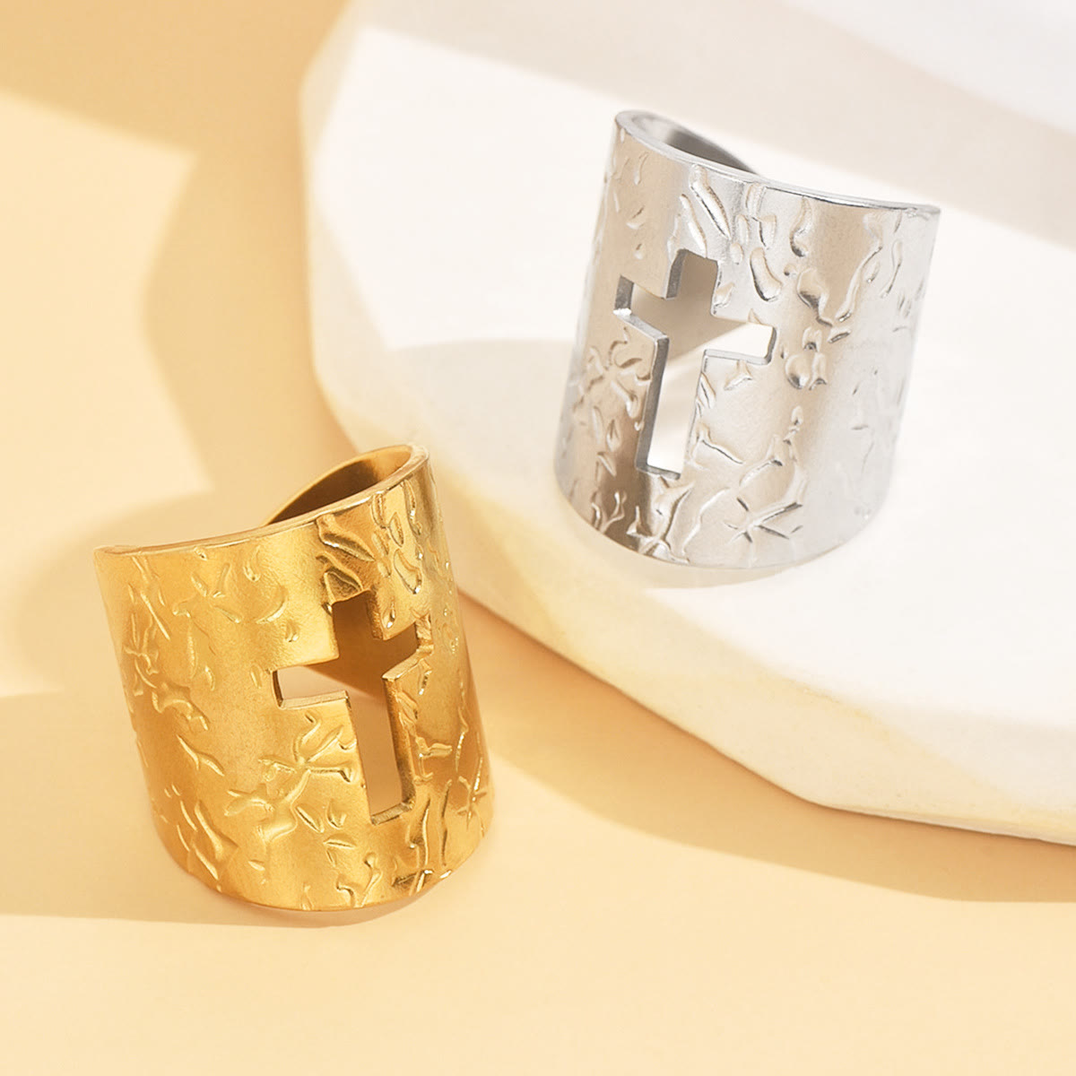 Adjustable Wide Cross Ring with Textured Finish: A Daily Symbol of Faith and Confidence