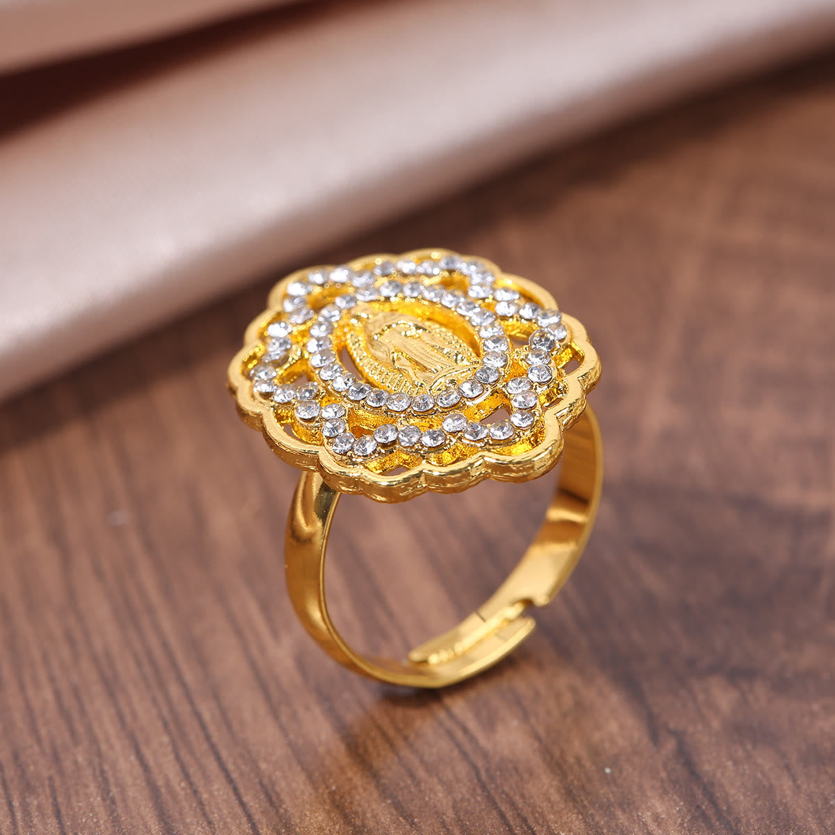 Ornate Lace-Edge Marian Ring with Zirconia Halo: A Symbol of Devotion