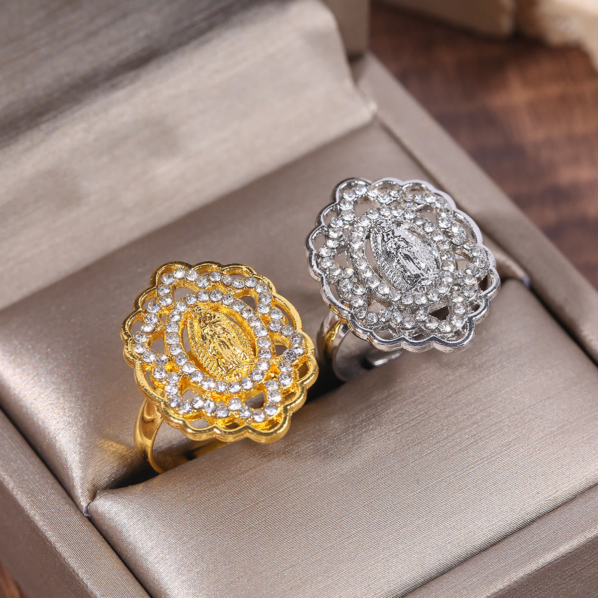 Ornate Lace-Edge Marian Ring with Zirconia Halo: A Symbol of Devotion
