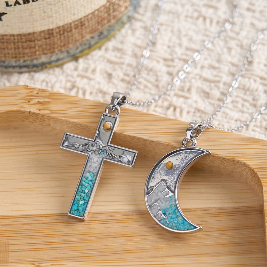 Mustard Seed Crescent Moon & Cross Necklace: Turquoise Inlay & Silver-Tone Design