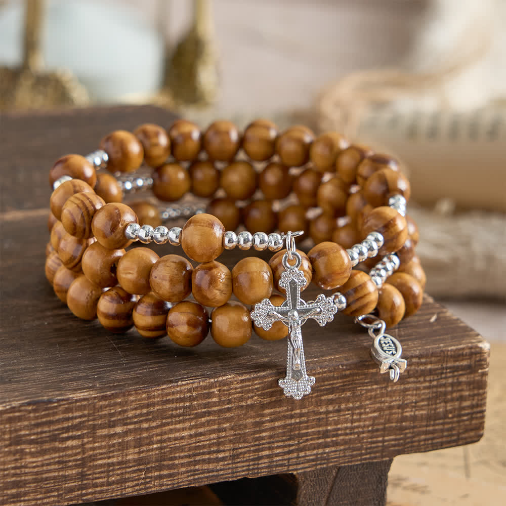 Natural Olive Wood Memory Wire Rosary Bracelet with Ichthys & Crucifix