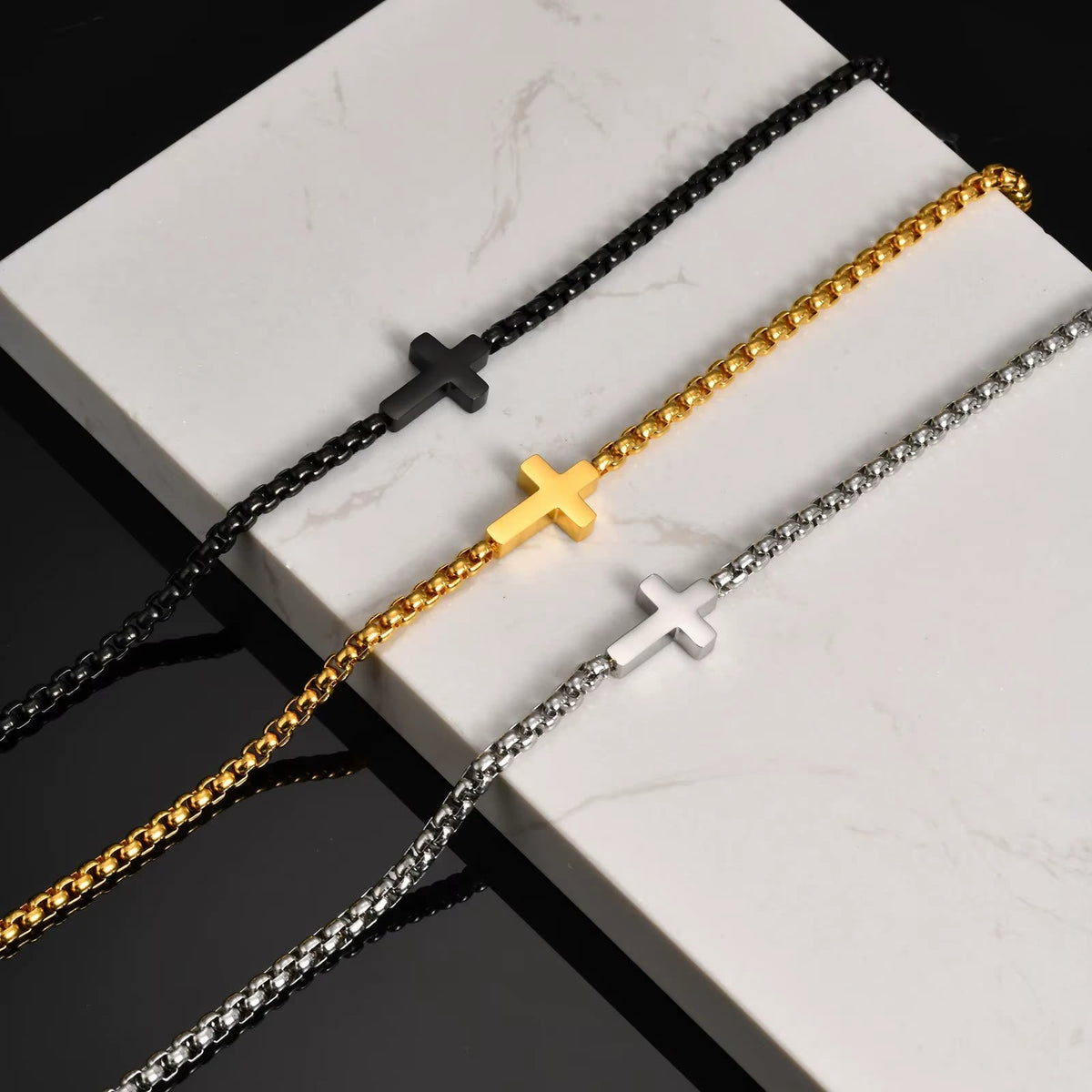 Sleek Stainless Steel Cross Necklace with Sideways Pendant: A Reminder of Divine Grace