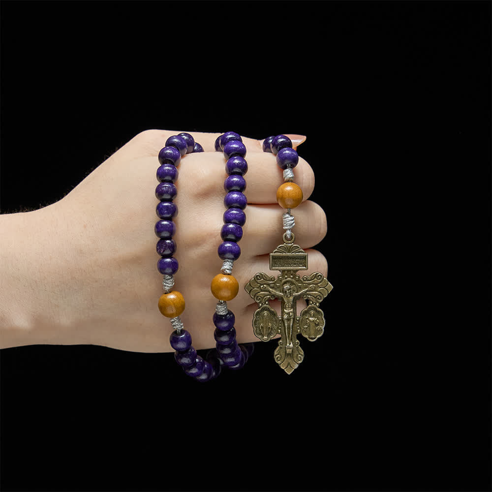 Deep Purple Maple Wood & Peachwood Rosary with Miraculous Medal for Peaceful Guard