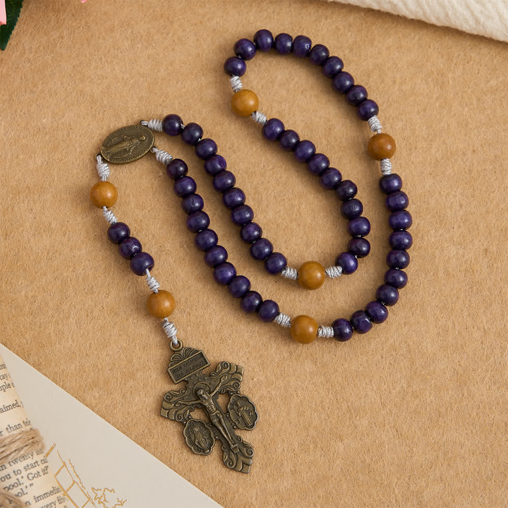 Deep Purple Maple Wood & Peachwood Rosary with Miraculous Medal for Peaceful Guard