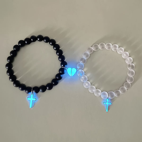 Glowing Cross Matching Beaded Bracelets with Magnetic Heart Clasp: A Symbol of United Faith & Shared Love