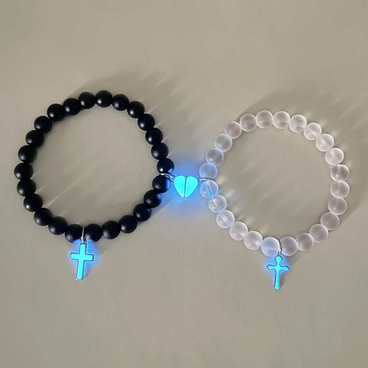 Glowing Cross Matching Beaded Bracelets with Magnetic Heart Clasp: A Symbol of United Faith & Shared Love
