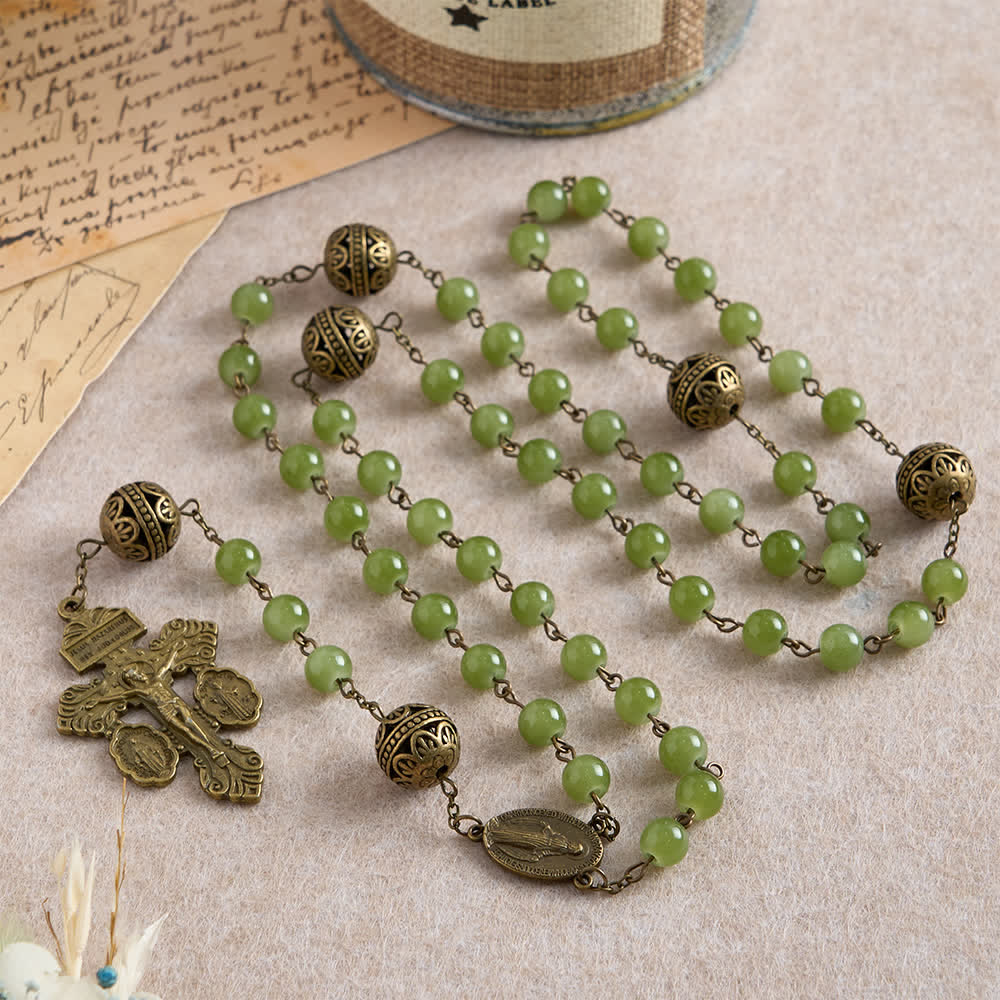 Bronze Filigree & Olive Green Glass Rosary with Our Lady