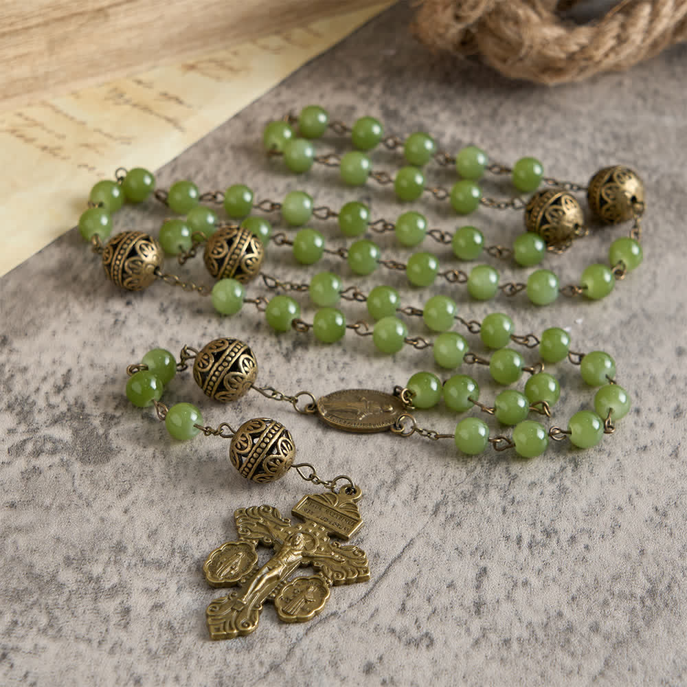 Bronze Filigree & Olive Green Glass Rosary with Our Lady