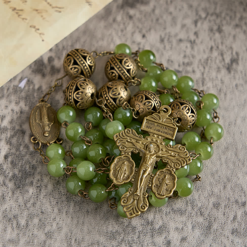 Bronze Filigree & Olive Green Glass Rosary with Our Lady
